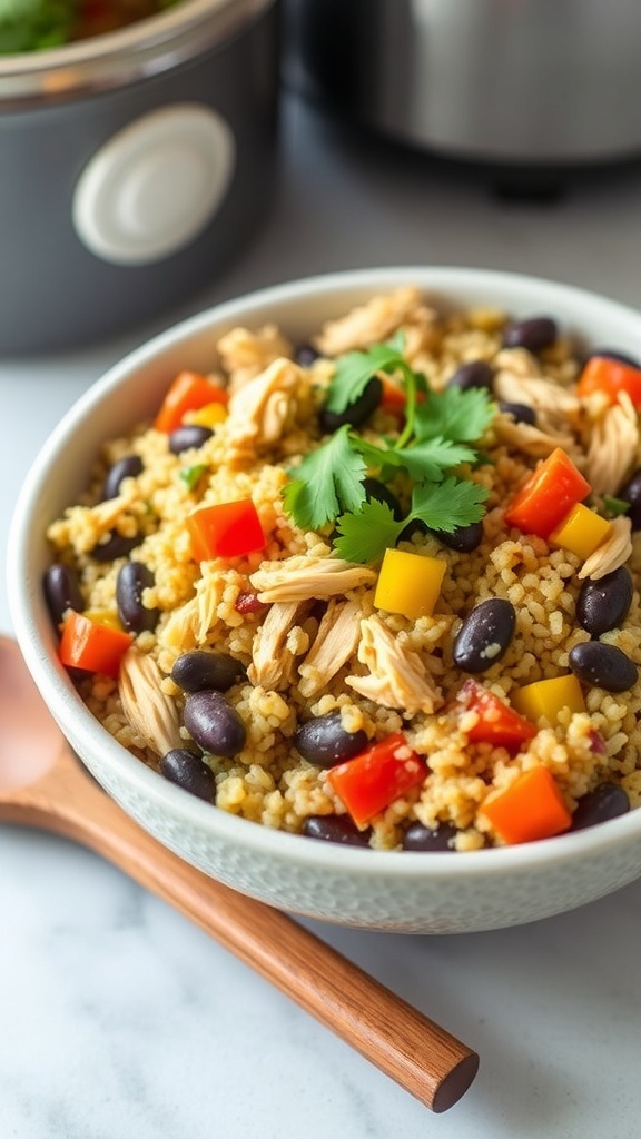 A bowl of quinoa chicken with shredded chicken, quinoa, black beans, and bell peppers, garnished with cilantro.